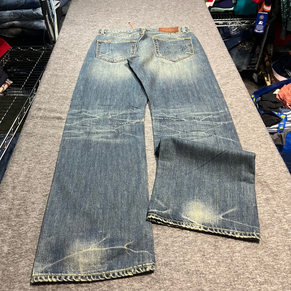 Ed Hardy Mens Baggy Bootcut Flare Jeans 33x34 Blue Distressed Y2K Streetwear